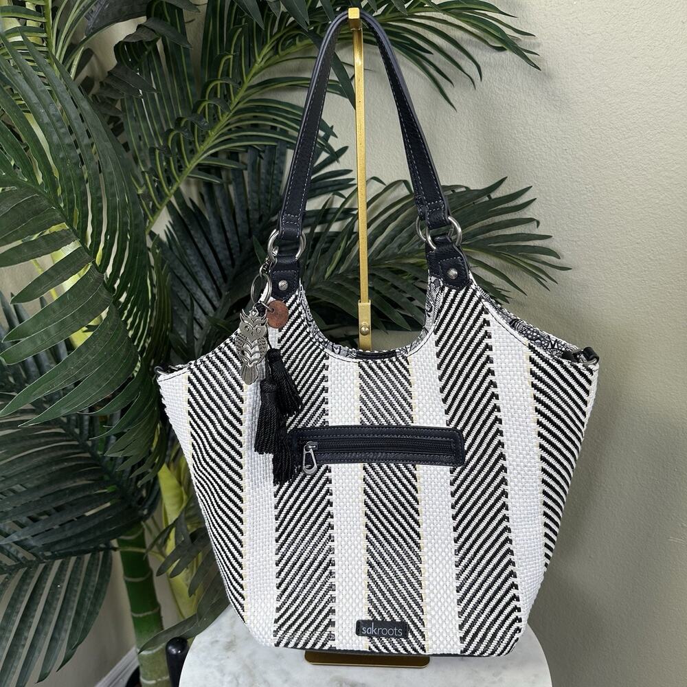 sakroots Large Hobo convertable Creme Black Brown Snaps Owl charm Tassels logo